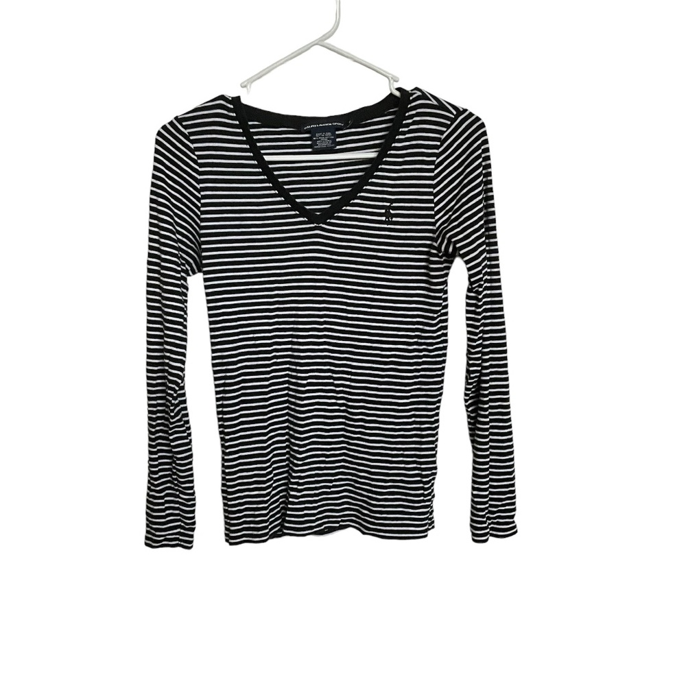 Ralph Lauren Sport Black/White Stripe V-neck Long-sleeve T-Shirt Size: Medium